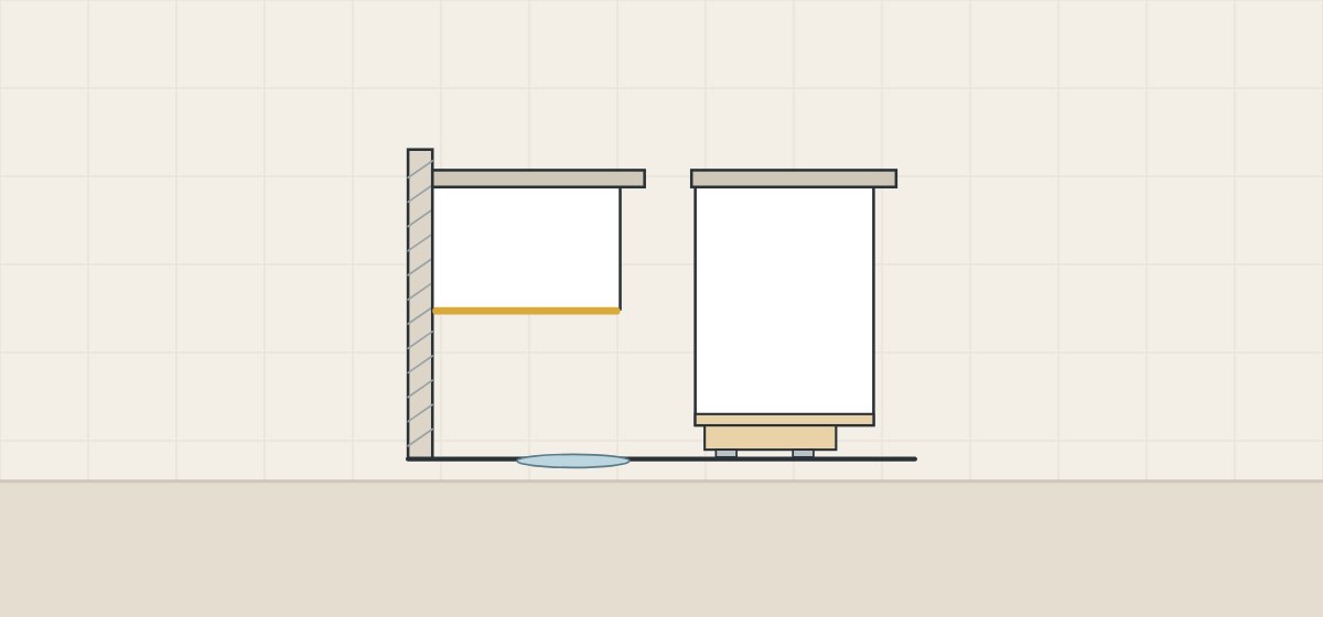 Illustration of a wall-hung cabinet with its underside highlighted above a pool of water, beside a floor-standing cabinet with a toe space
