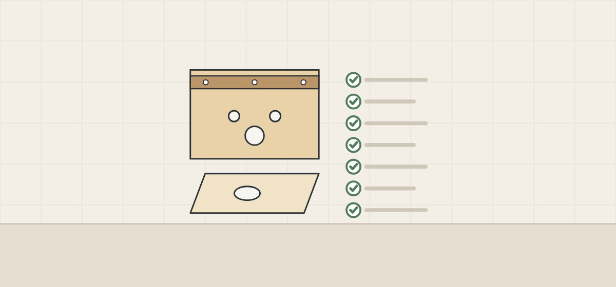 Illustration of a cabinet rear view and underside view beside a checklist of seven ticked lines