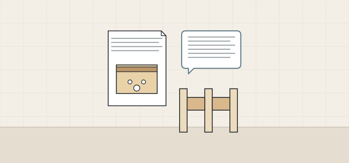 Illustration of a drawing sheet with a cabinet rear view, a message bubble and wall framing with blocking