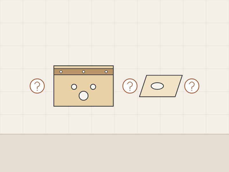 Illustration of a cabinet rear view and an underside view between question marks