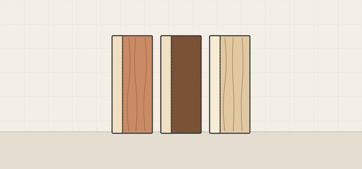 Illustration of three boards, each with a lighter sapwood strip beside heartwood of a different color