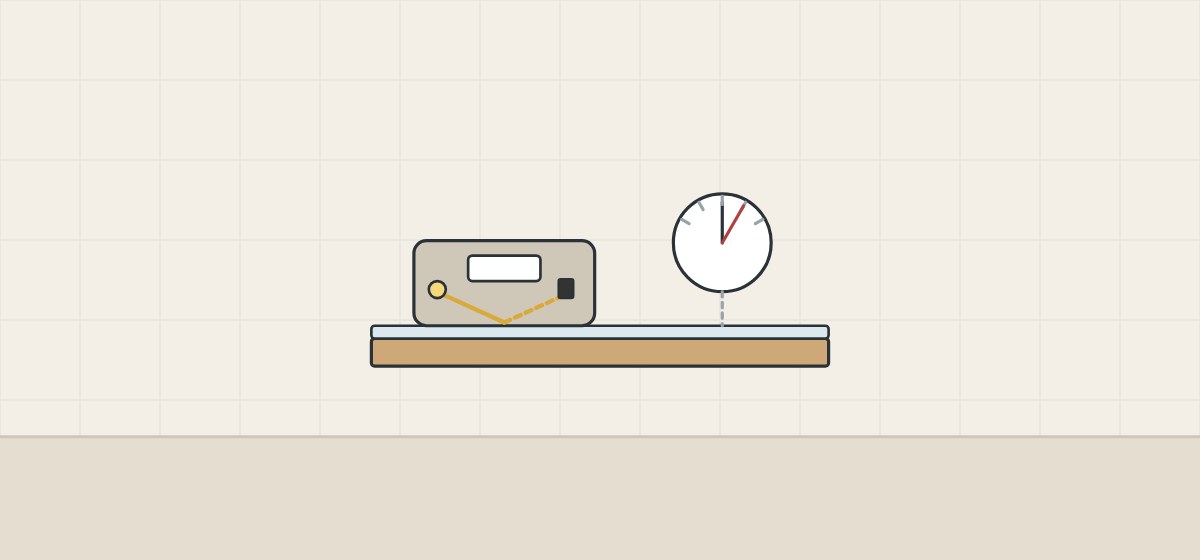 Illustration of a gloss meter resting on a coated wood panel with its light path, beside an angle dial