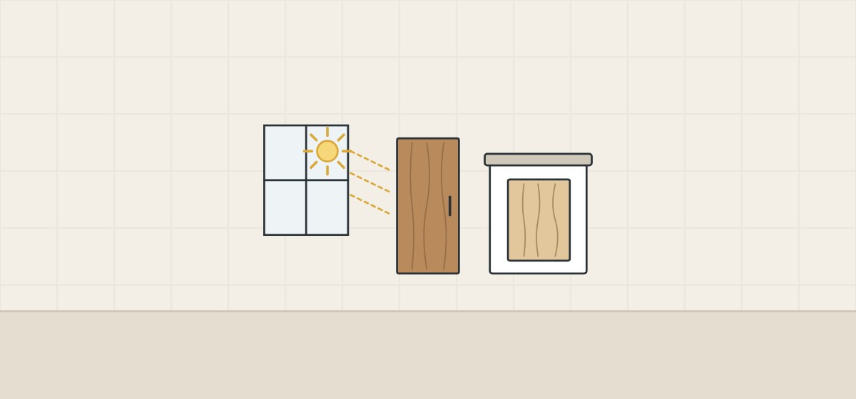 Illustration of sunlight from a window falling on a darker door beside a storage box holding a lighter reference panel