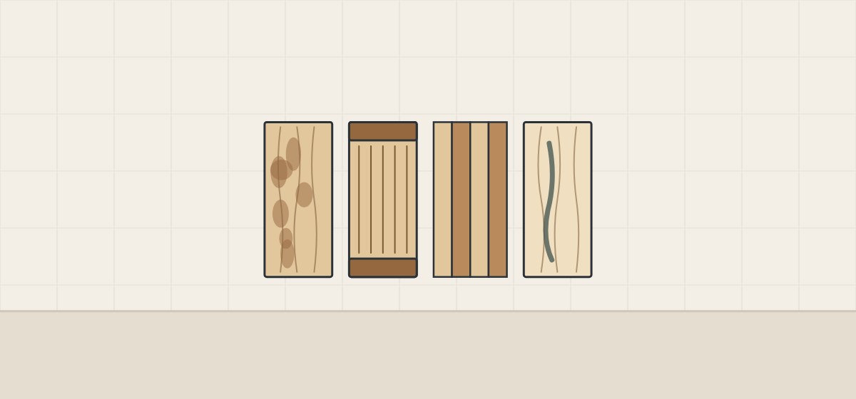 Illustration of four panels showing blotchy stain, darker end grain, alternating veneer leaves and a mineral streak