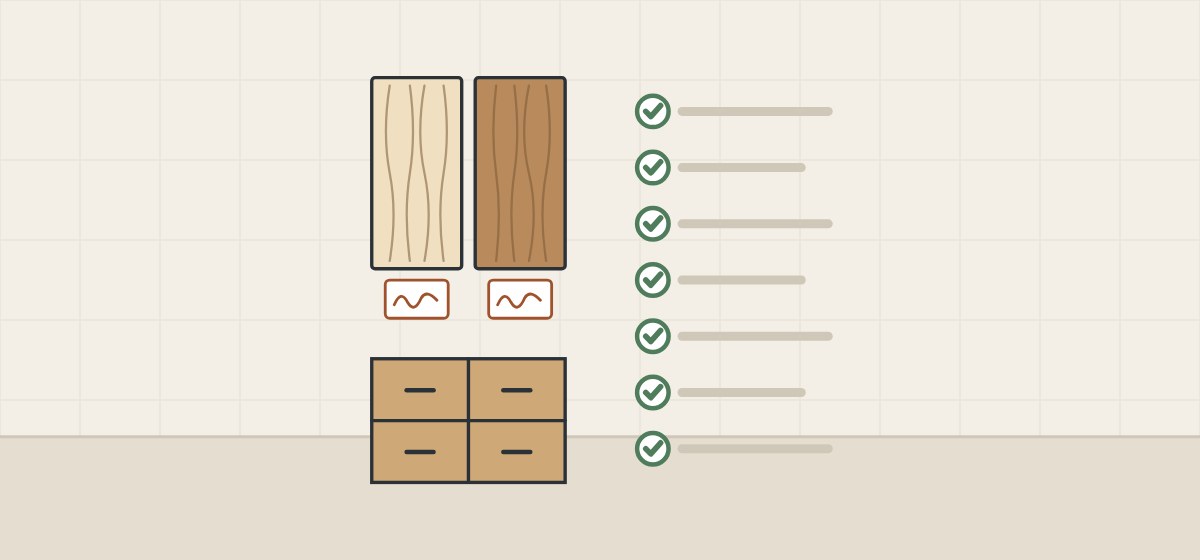 Illustration of a light and a dark tagged panel above a cabinet with matching fronts, beside a checklist of seven checked lines