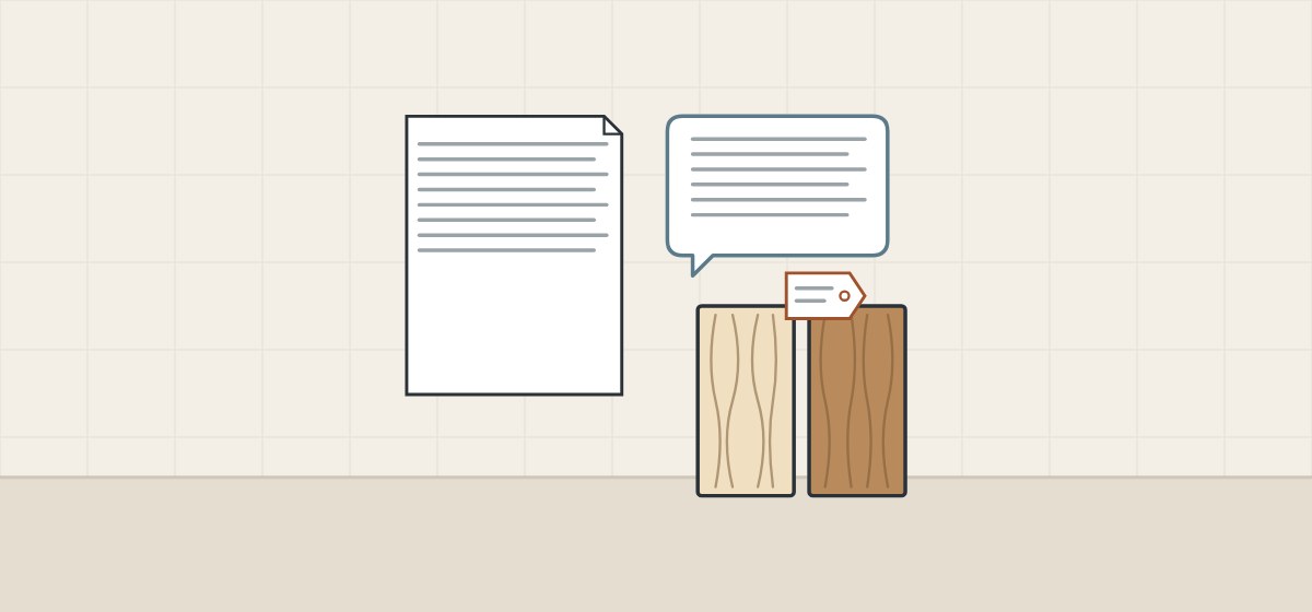 Illustration of a document sheet, a message bubble and a light and a dark reference panel with a tag