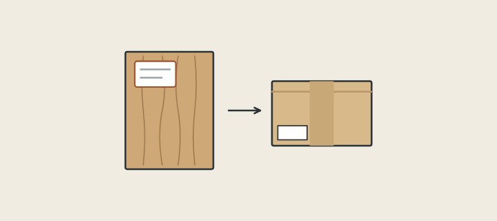 Illustration: a finished wood sample panel with a label and an arrow to a shipping carton