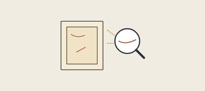 Illustration: an unfinished framed door with two marked scratches beside a magnifier showing a scratch