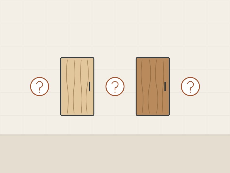 Illustration of two doors of different wood tone between question marks