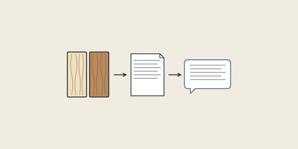 Illustration of a light and a dark reference panel, a document sheet and a message bubble linked by arrows