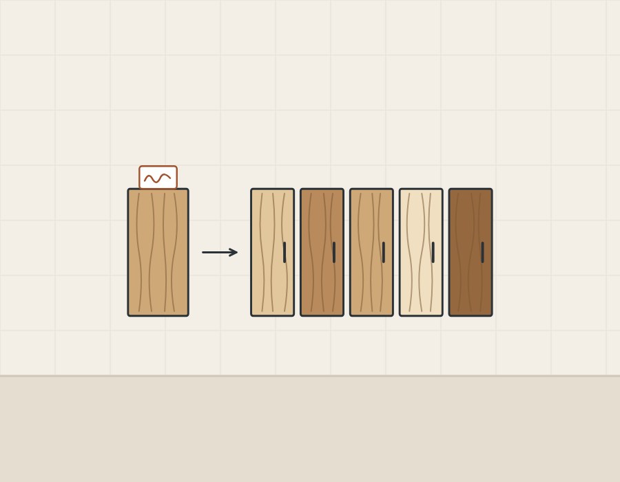 Illustration of one tagged sample panel with an arrow to a row of five doors of different wood tones