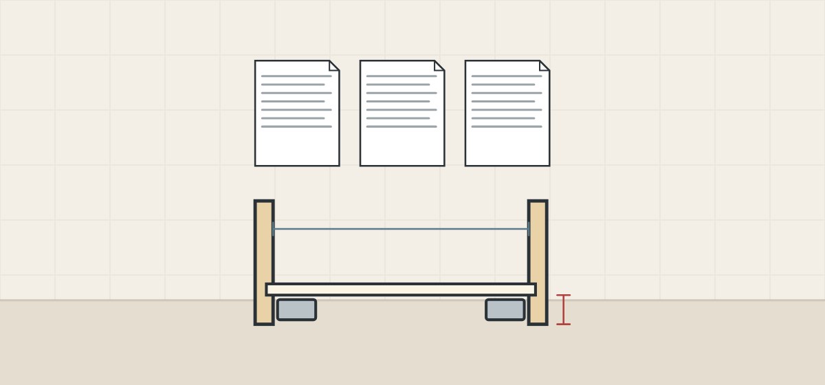 Illustration of three documents above a drawer box section with its inside width and bottom recess marked