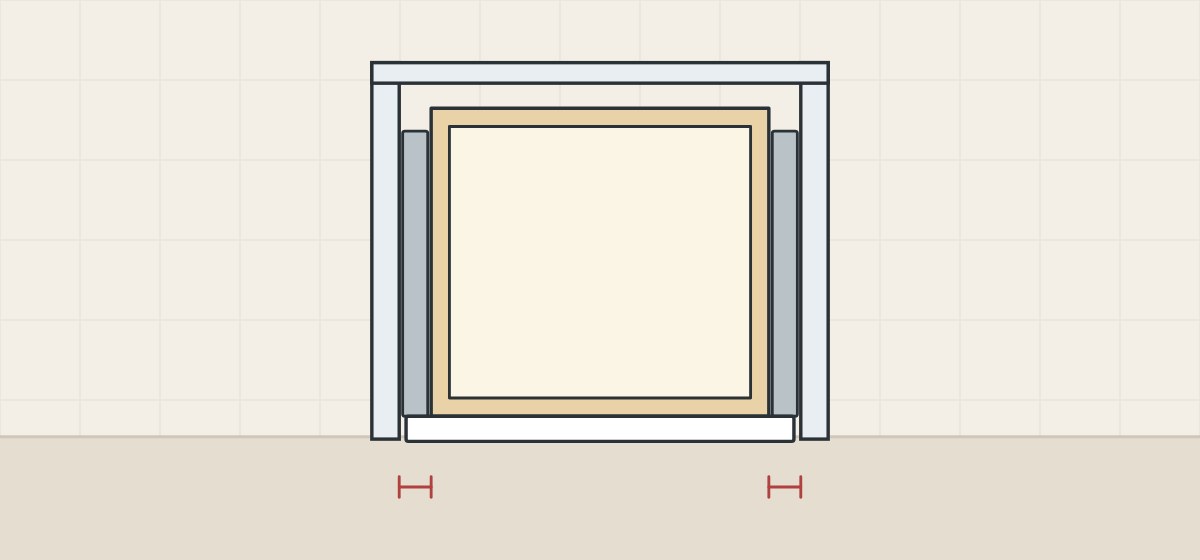 Illustration, in plan, of a drawer box between two cabinet sides and a back, with a slide in the marked gap on each side