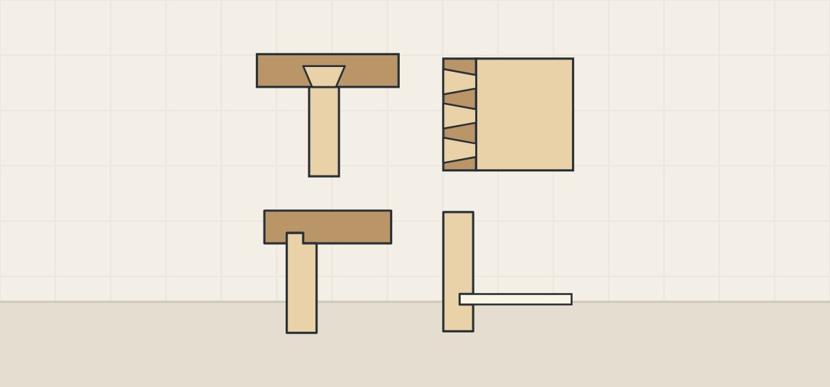 Illustration of a sliding dovetail, a dovetailed corner, a lock joint and a drawer side with a grooved bottom