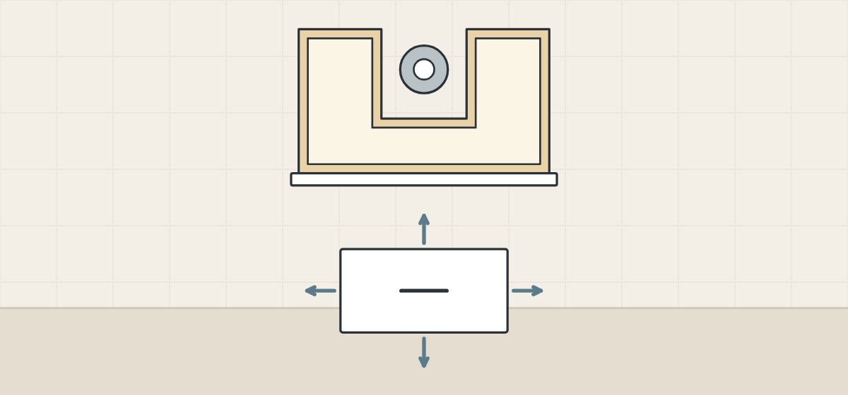 Illustration of a U-shaped drawer wrapped round a waste pipe above a drawer front with four adjustment arrows
