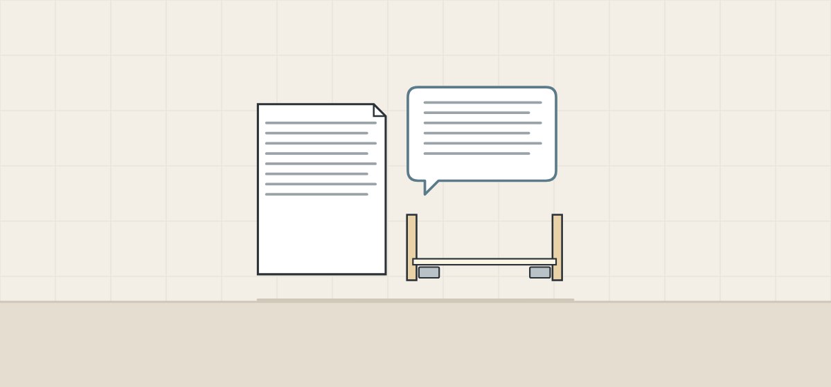 Illustration of a document, a message bubble and a drawer box section on its runners
