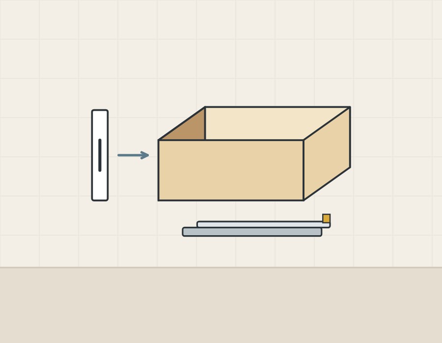 Illustration of a drawer front seen on edge and the separate drawer box with its runner below it