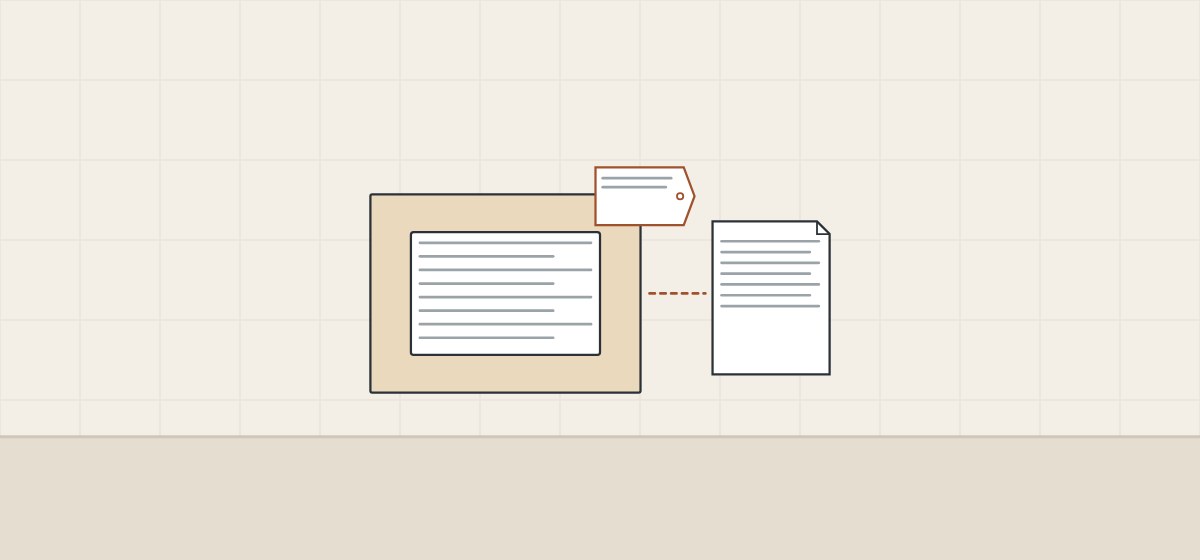 Illustration of the back of a sample board with a large paper label, a tag and a linked document