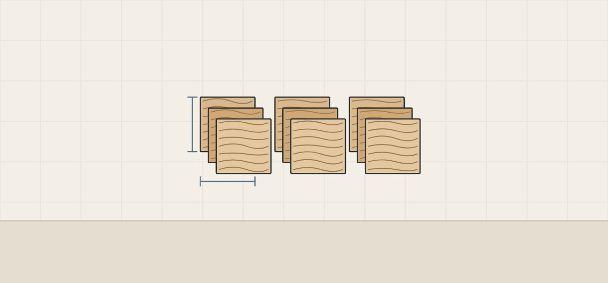 Illustration of three fanned stacks of three square sample panels in lighter and darker tones with dimension brackets