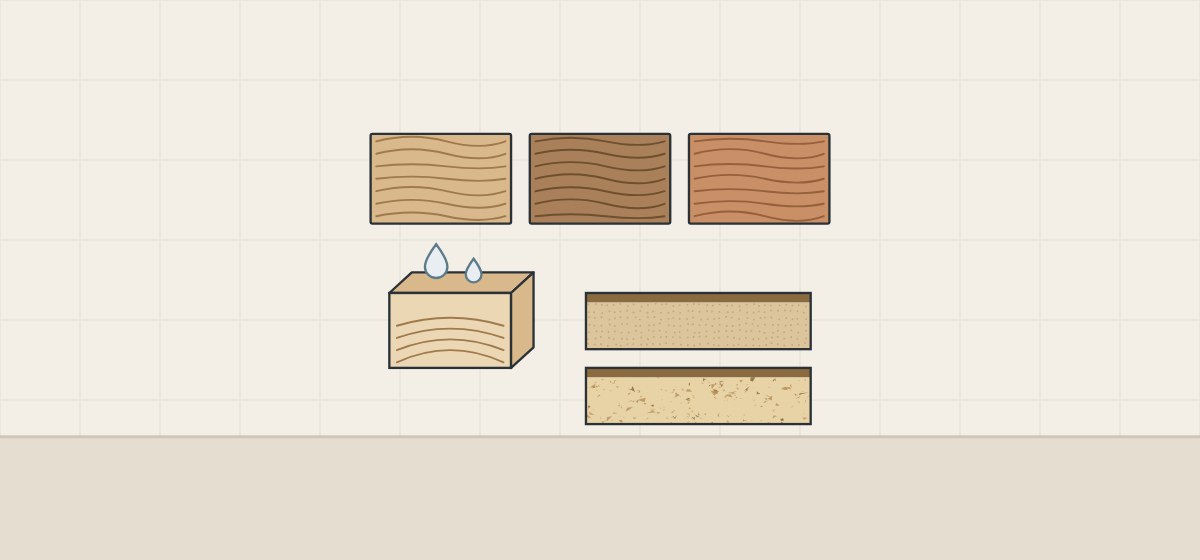 Illustration of three sample boards of different wood colors, a board end with drops on its end grain and two panel edges