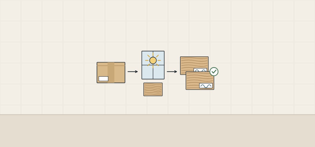 Illustration of a carton, a sample board under a window with the sun and two signed sample boards with a check mark
