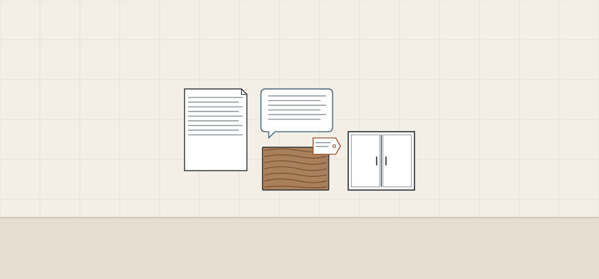 Illustration of a document, a message bubble, a sample board with a tag and a vanity cabinet