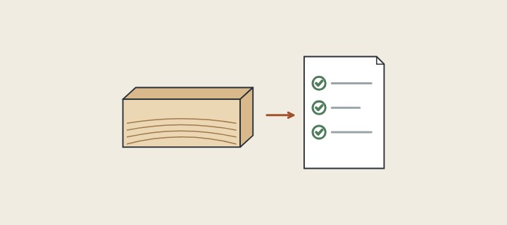 Illustration: a solid board seen from its end grain with an arrow to a checked order sheet
