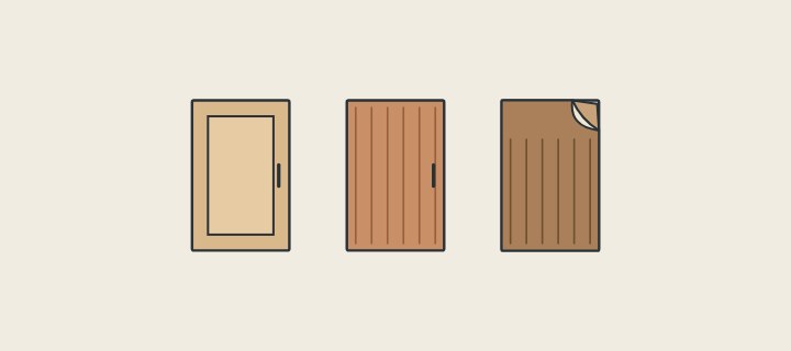 Illustration: three cabinet doors side by side: a framed panel, a plain slab and a veneered door with a lifted corner