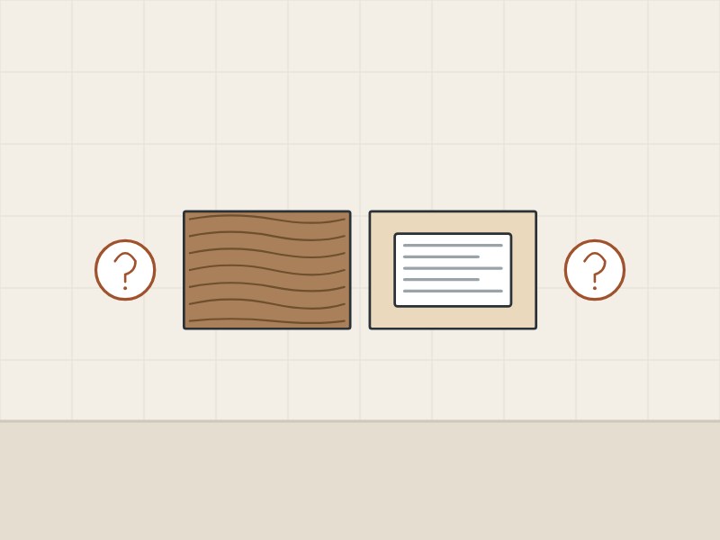 Illustration of the front and the labeled back of a sample board between two question marks