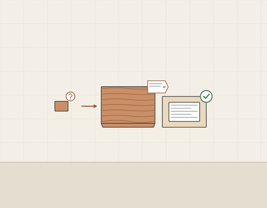 Illustration of a small unlabeled chip with a question mark and an arrow to a large sample panel with a finished edge, a tag and a labeled back