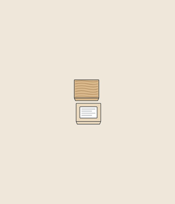 Illustration of a wood sample board seen from the front and, below it, its back carrying a paper label