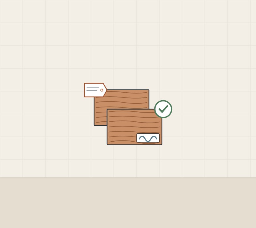 Illustration of two identical signed sample boards with a tag and a check mark