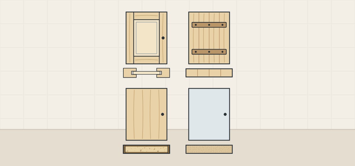 Illustration of four cabinet doors above their cross-sections: frame-and-panel, solid slab with battens, veneered particleboard core and one-piece fiber core