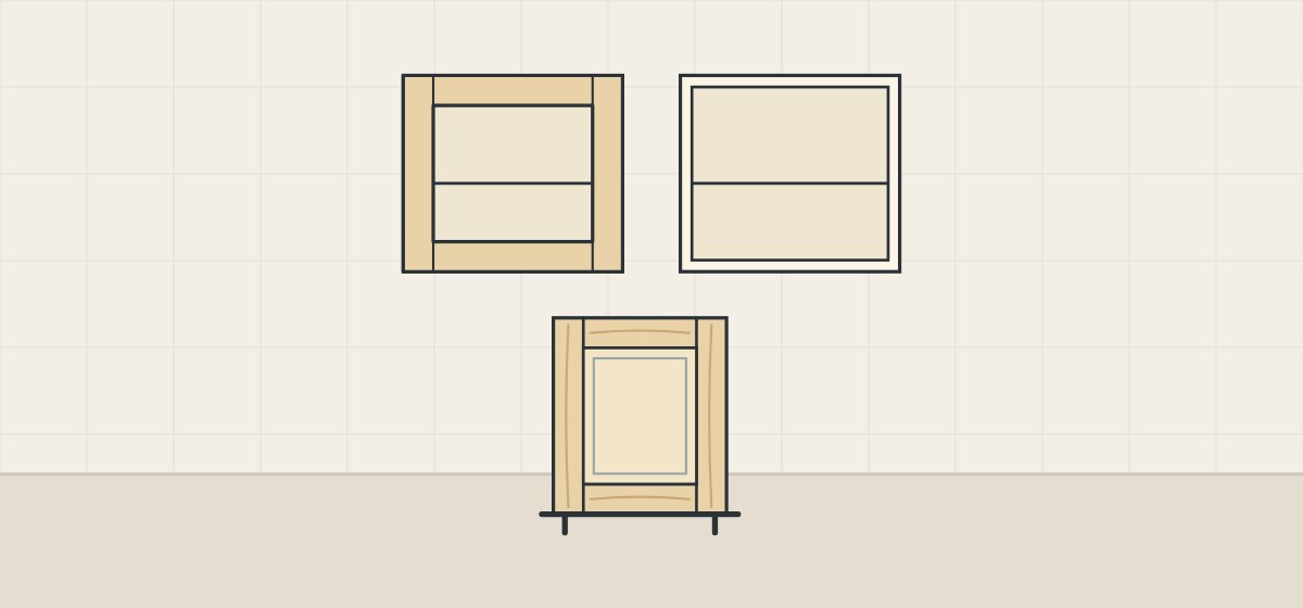 Illustration of a face-frame cabinet body, a frameless cabinet body and a cabinet end built as a frame with a panel