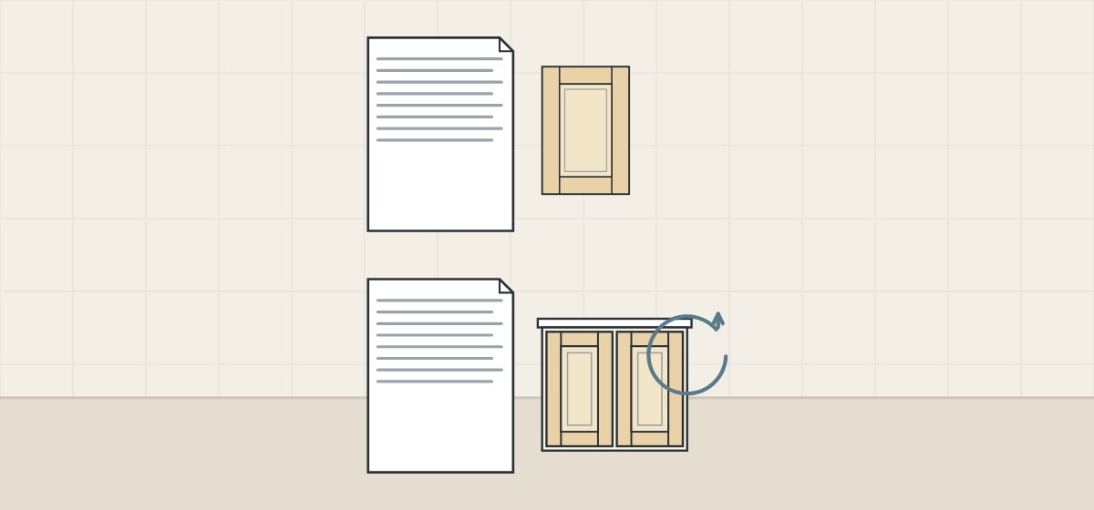 Illustration of two standard documents, one beside a door and one beside a cabinet with a door-cycle arrow