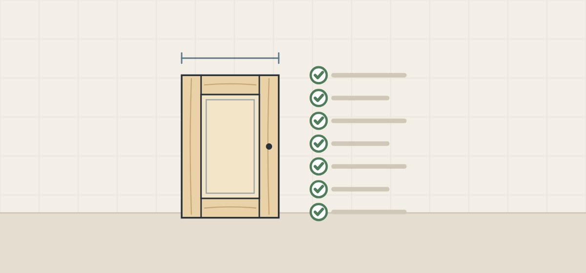 Illustration of a frame-and-panel door with a width dimension line beside a checklist of seven checked lines