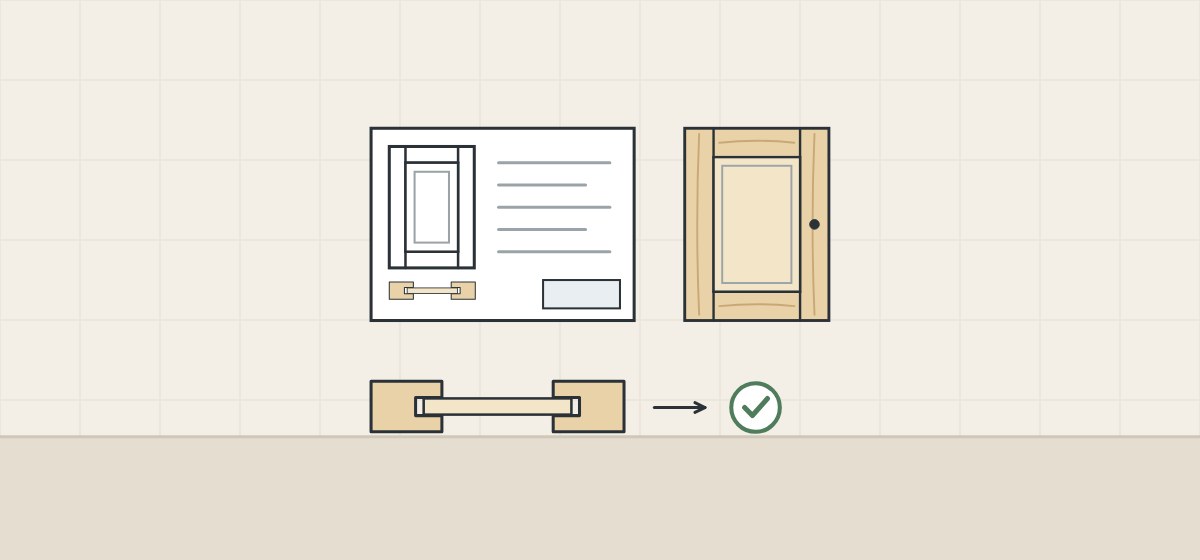 Illustration of a drawing sheet with a door elevation, a sample door and a door cross-section with a check mark
