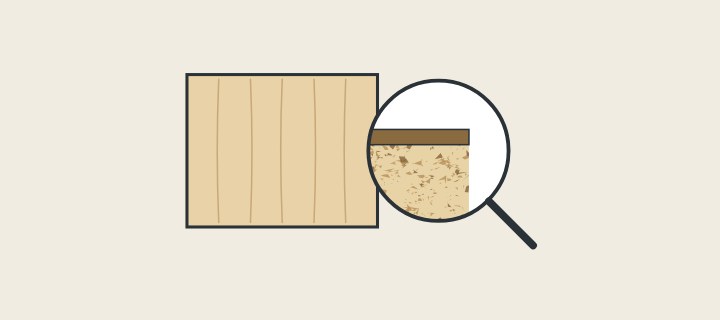 Illustration: a wood-grain panel with a magnifier showing a thin face layer over a chip core at its edge