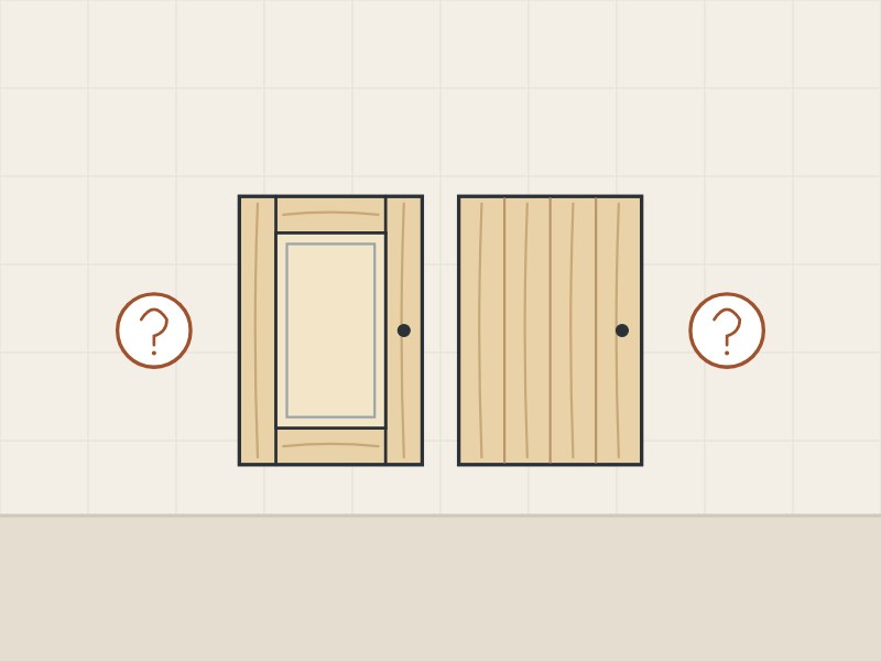 Illustration of a frame-and-panel door and a slab door between two question marks