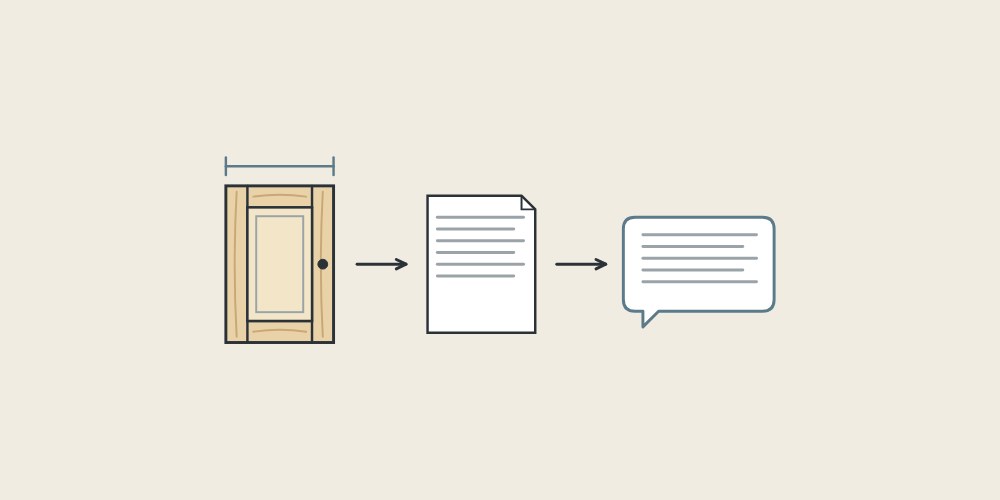 Illustration of a door with a width dimension, a document and a message bubble linked by arrows