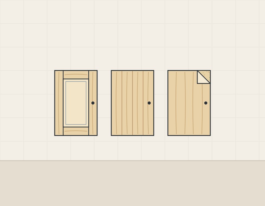 Illustration of a frame-and-panel door, a solid slab door of glued staves and a flat veneered door with a corner lifted to show its core