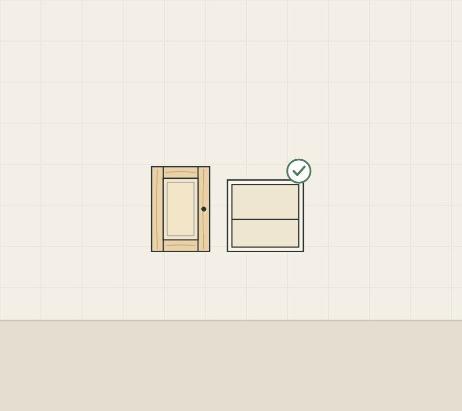 Illustration of a frame-and-panel door beside an open cabinet body, with a check mark