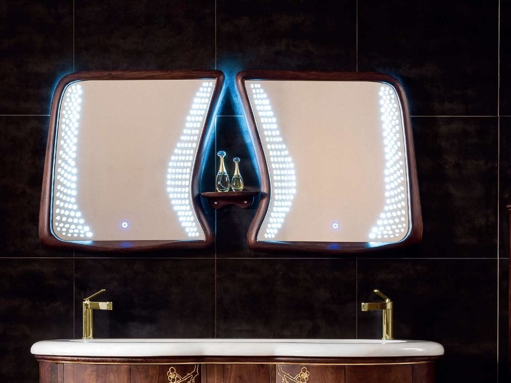 An ornate floor-standing vanity with a lit mirror panel