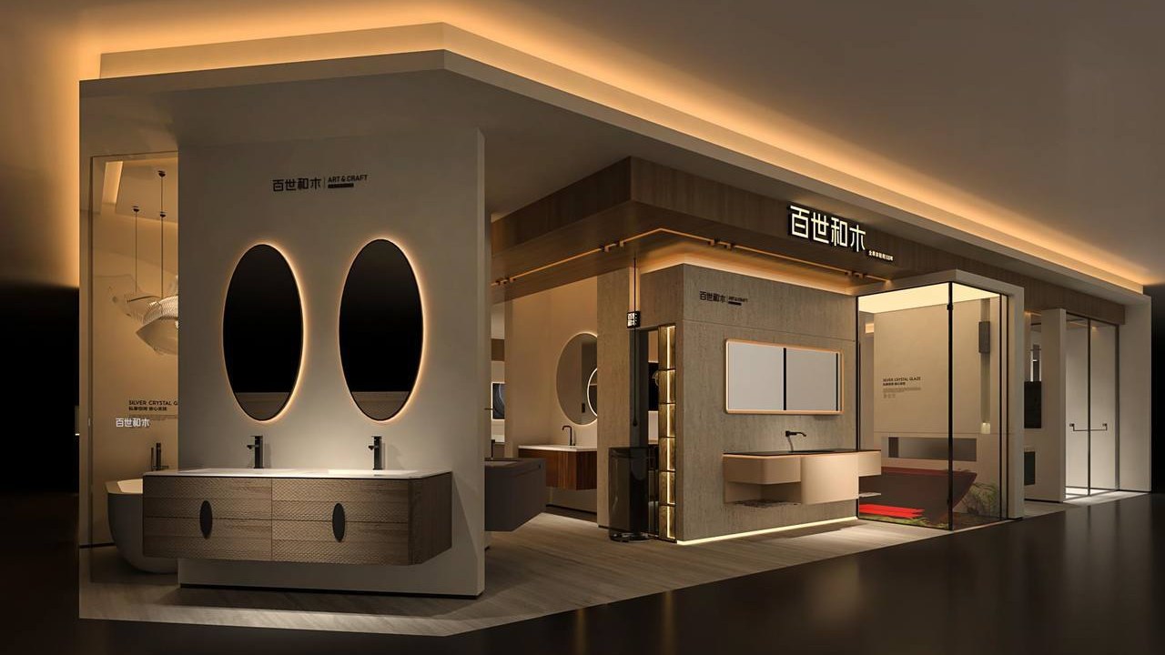 A showroom interior with lit oval mirrors above vanities