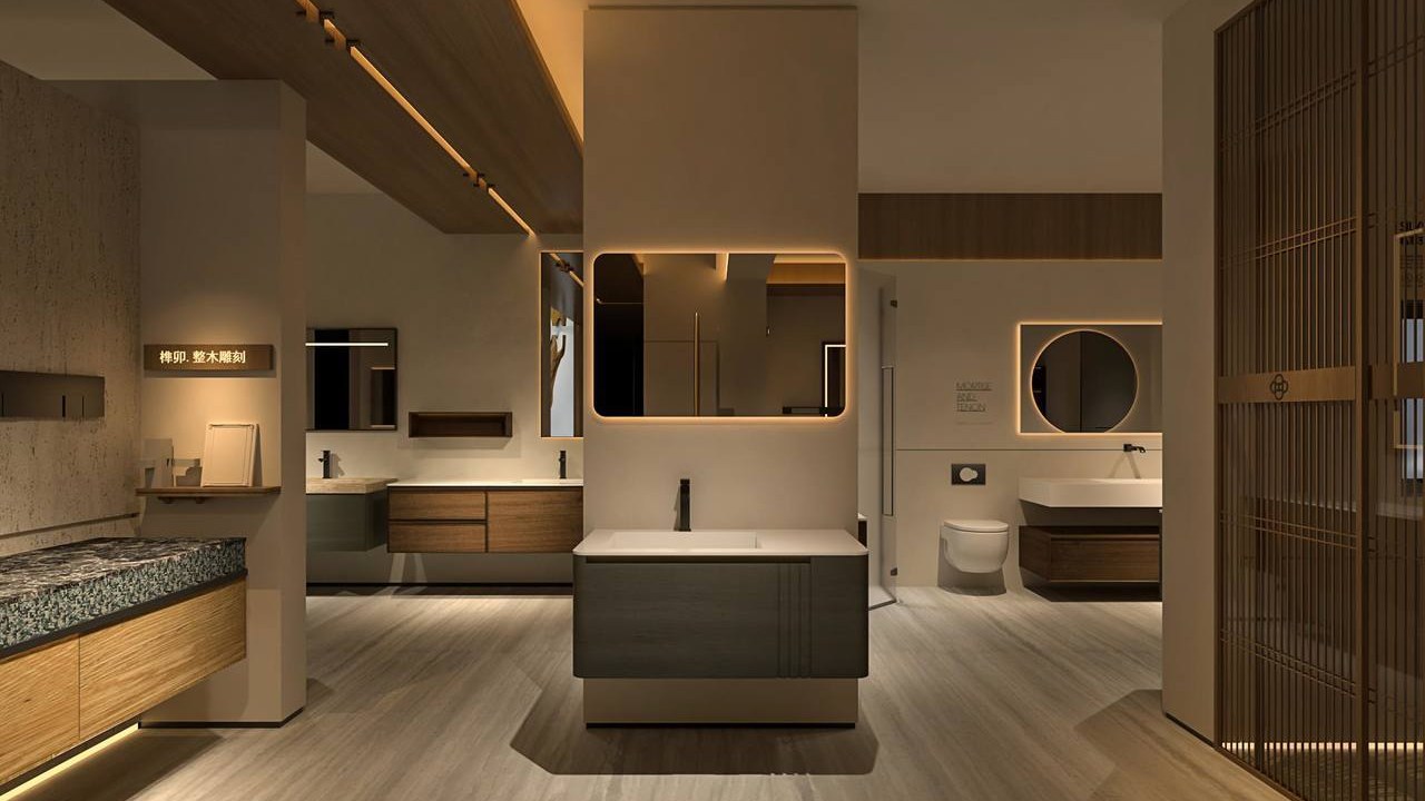 A showroom display of wall-mounted vanities and mirrors