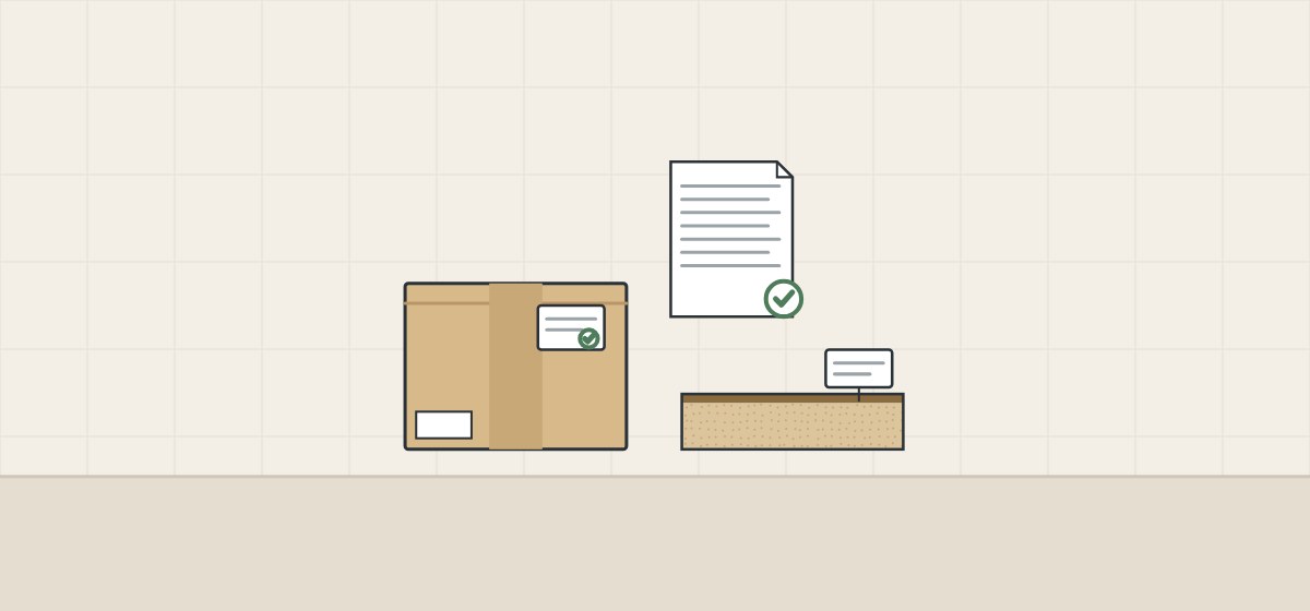 Illustration of a carton with a ticked label, a panel with a label flag and a ticked document