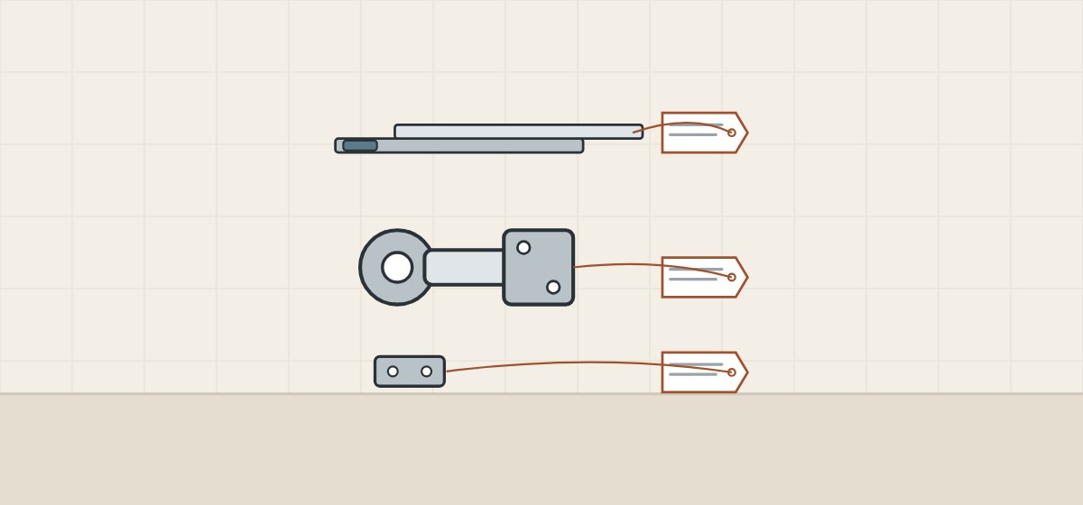 Illustration of a drawer runner, a concealed hinge and a mounting plate, each tied to its own tag