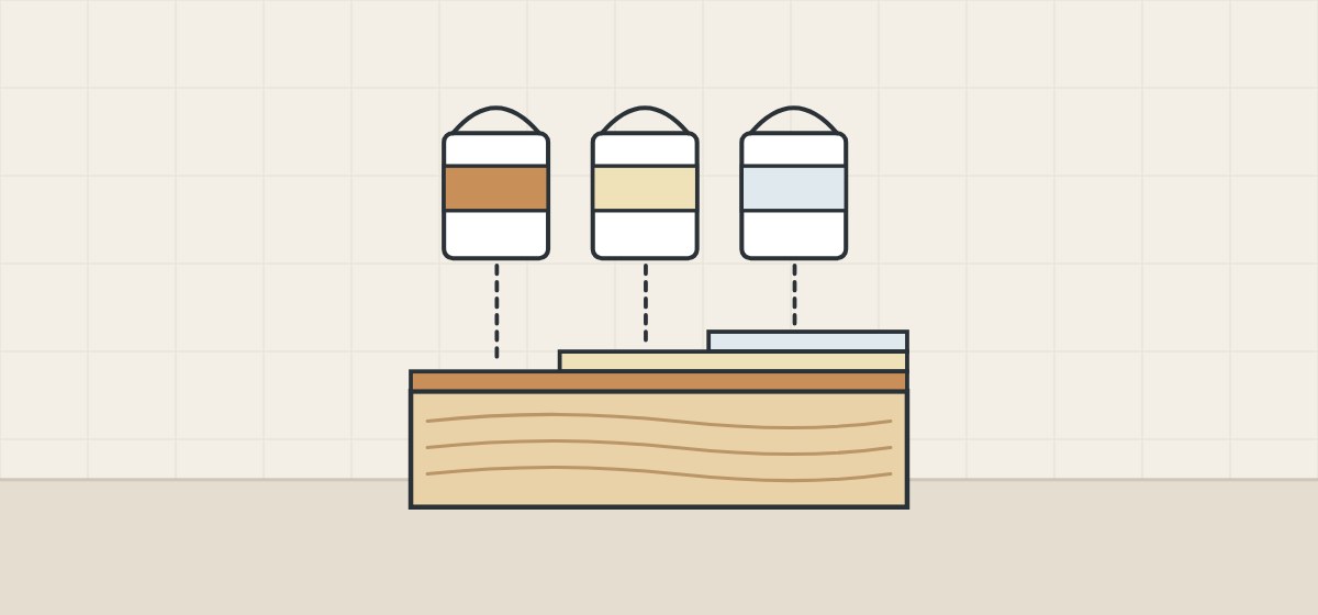 Illustration of three coating cans above a wood panel section with three coating layers