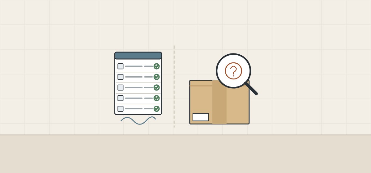 Illustration of a signed, ticked component list beside a closed carton under a magnifier with a question mark