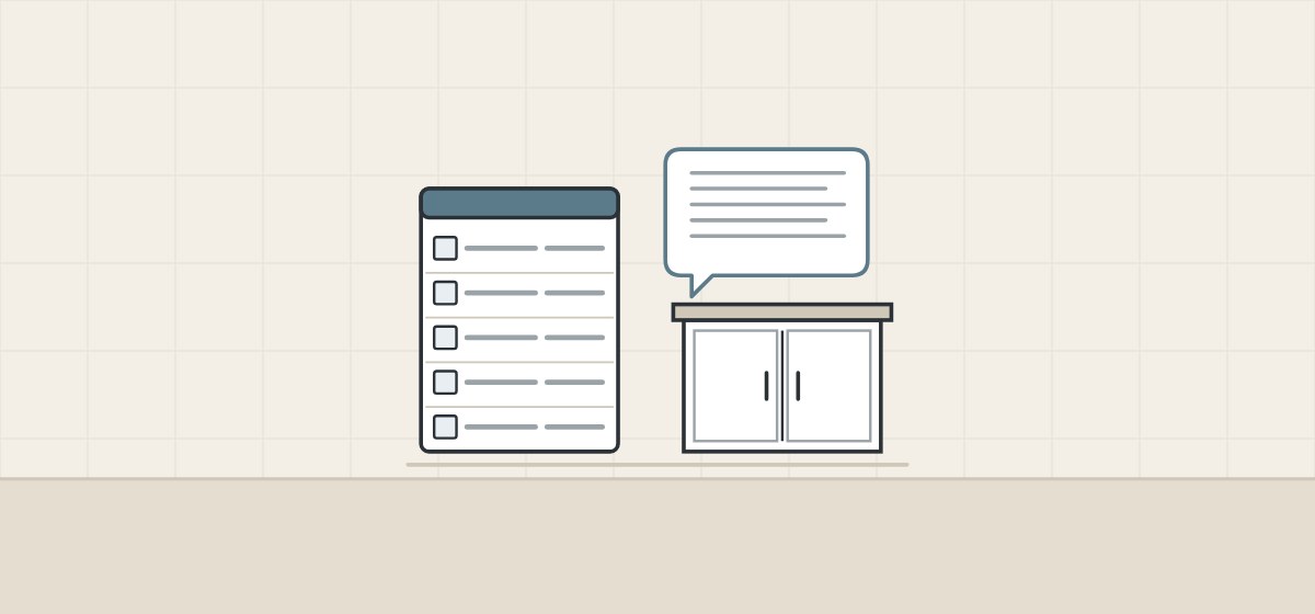 Illustration of an empty component list template, a message bubble and a vanity cabinet